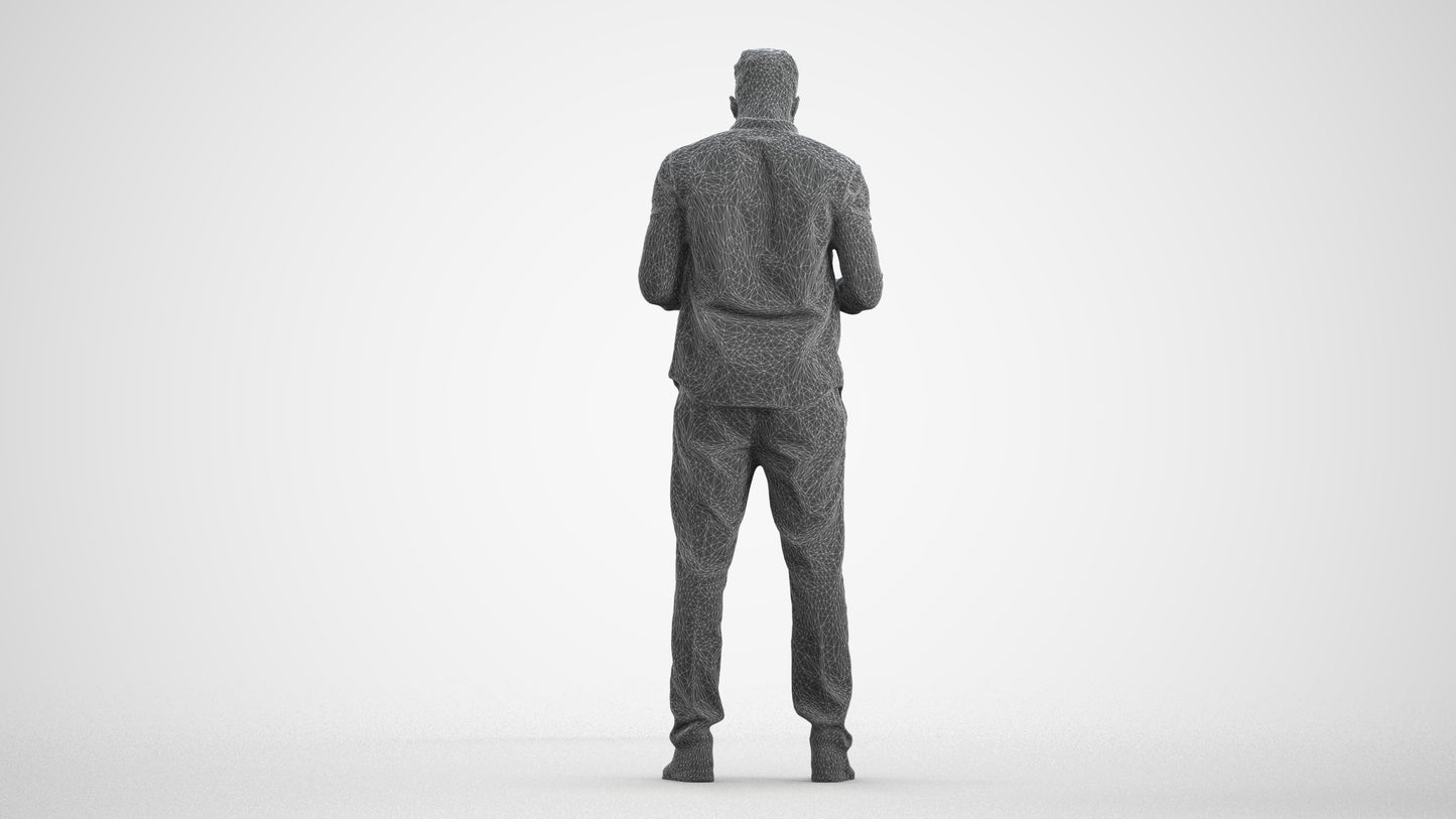 3D human model man casual standing, photogrammetry scanned person for archviz, wireframe front view