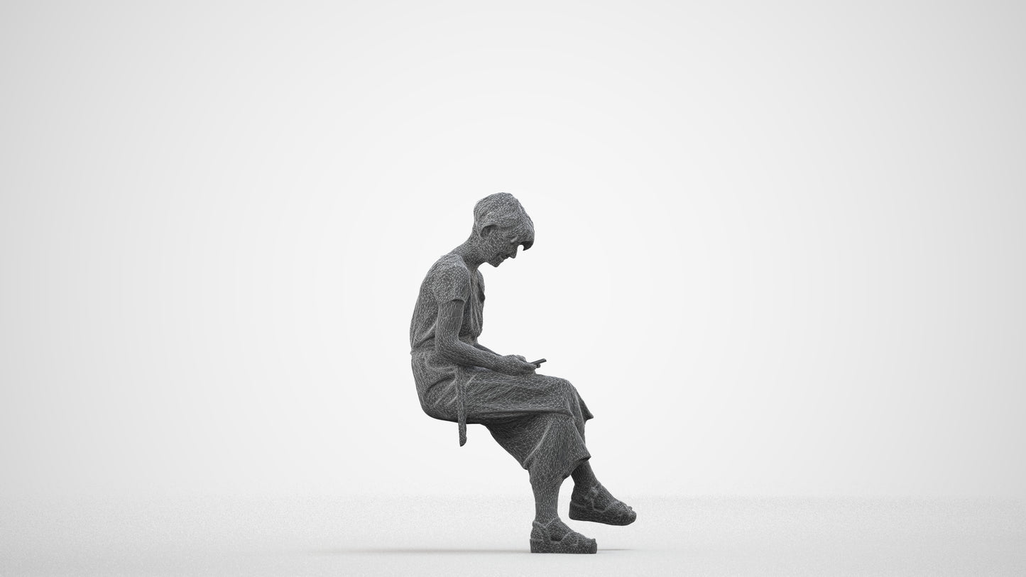 photogrammetry 3D senior woman casual sitting, realistic human model archviz FBX, wireframe side view