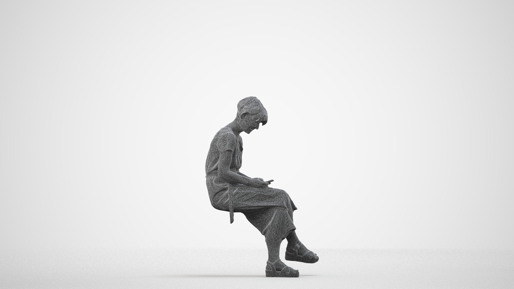 photogrammetry 3D senior woman casual sitting, realistic human model archviz FBX, wireframe side view