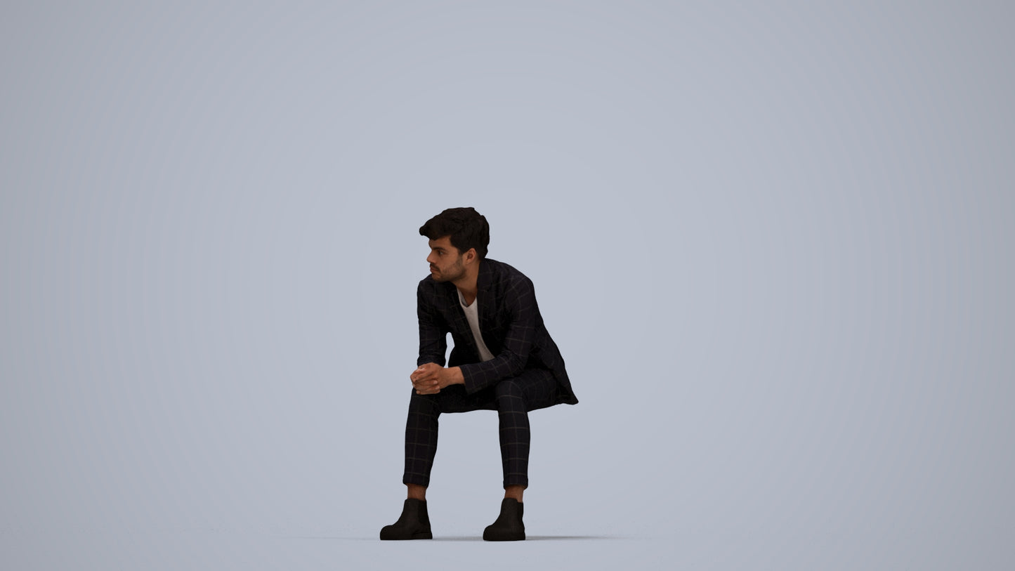 photogrammetry 3D man business sitting, realistic human model archviz FBX, top-down view render