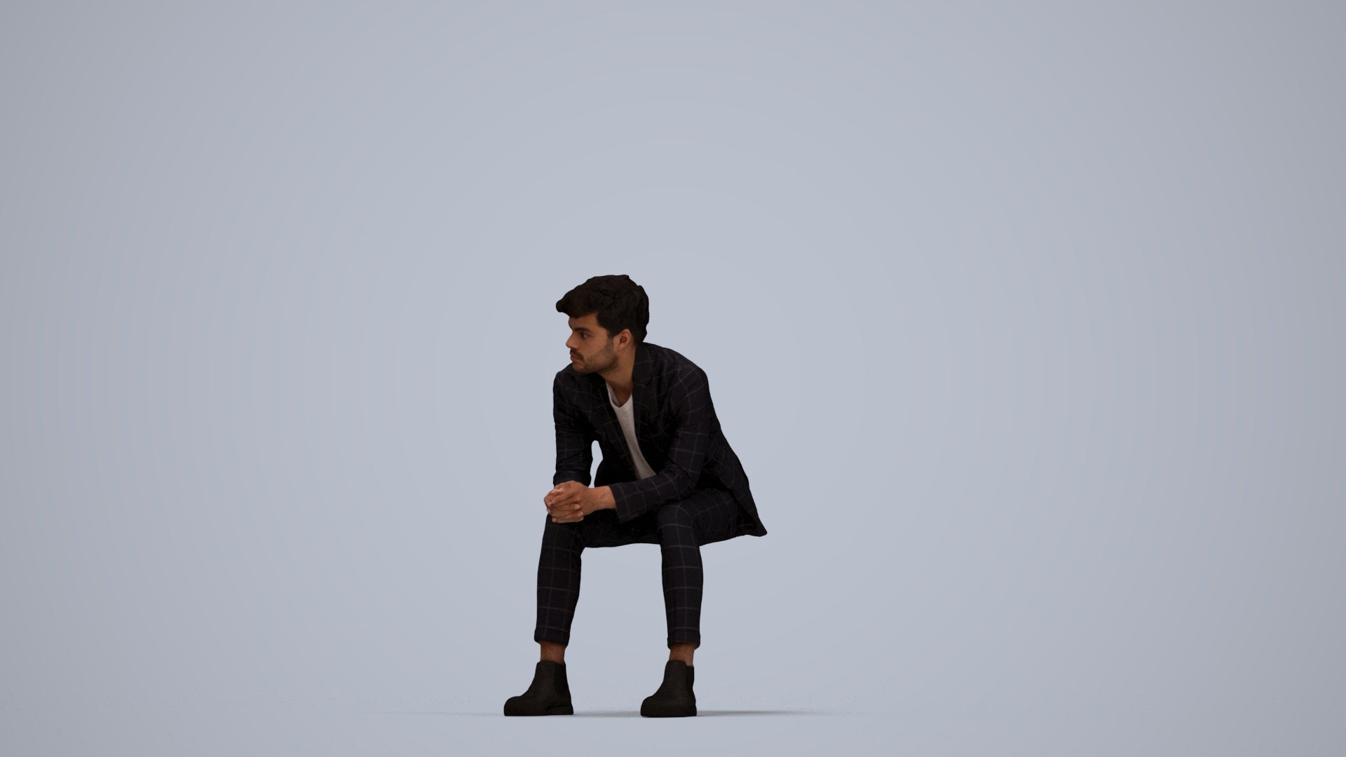photogrammetry 3D man business sitting, realistic human model archviz FBX, top-down view render