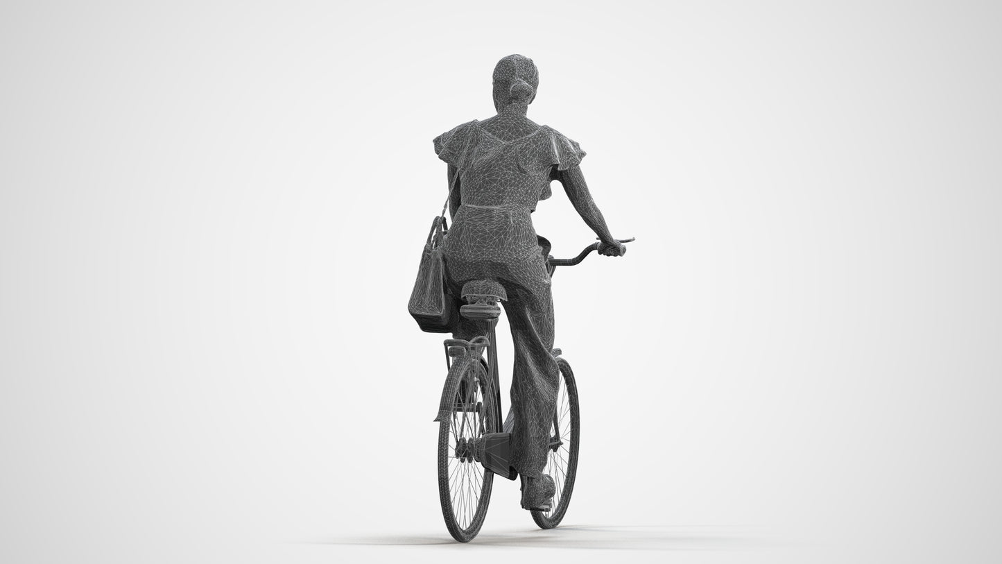 3D scanned woman cycling business, photorealistic archviz people for Enscape and SketchUp, wireframe front view