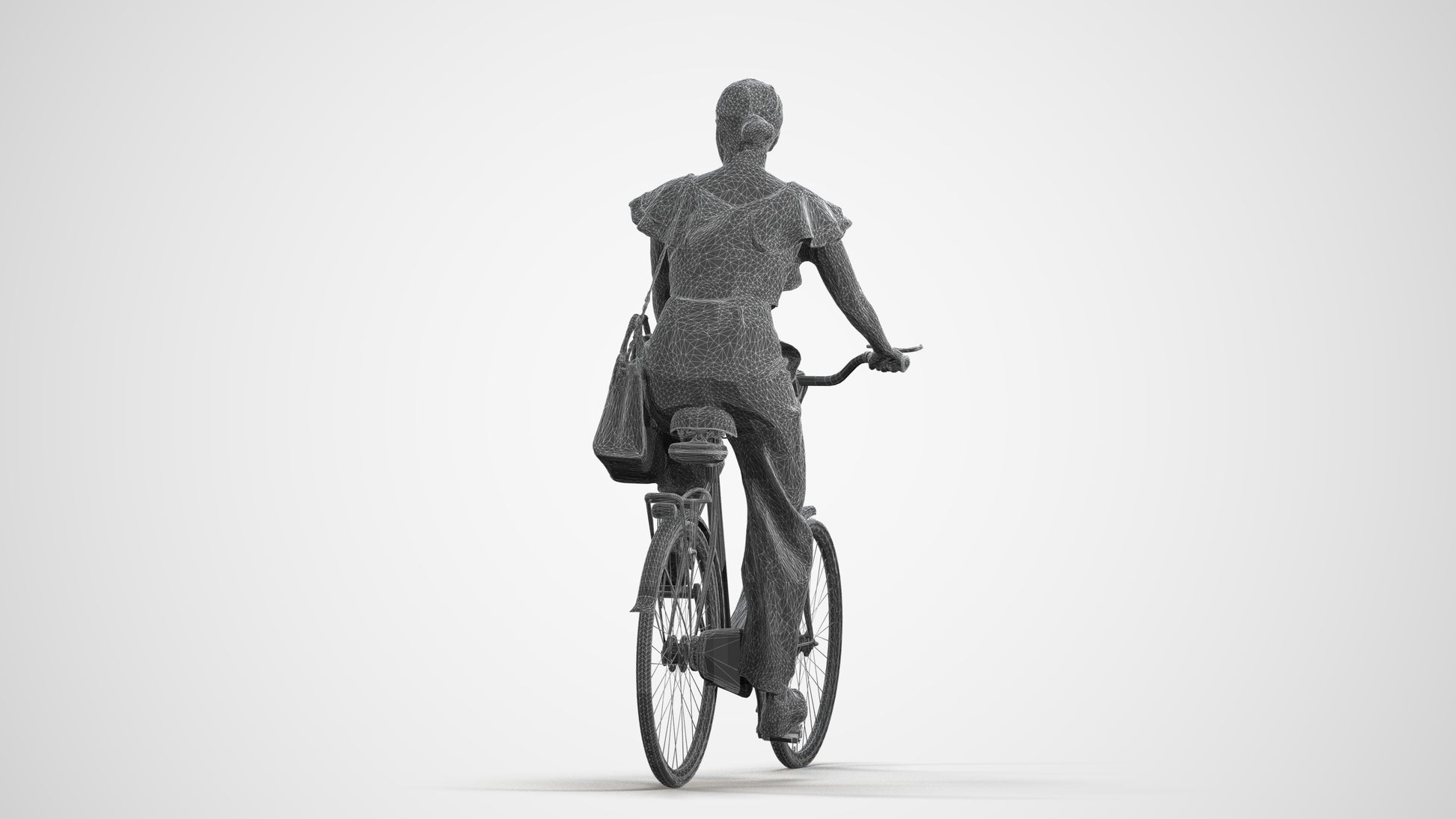 3D scanned woman cycling business, photorealistic archviz people for Enscape and SketchUp, wireframe front view