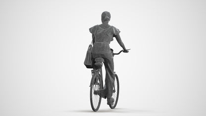 3D scanned woman cycling business, photorealistic archviz people for Enscape and SketchUp, wireframe front view