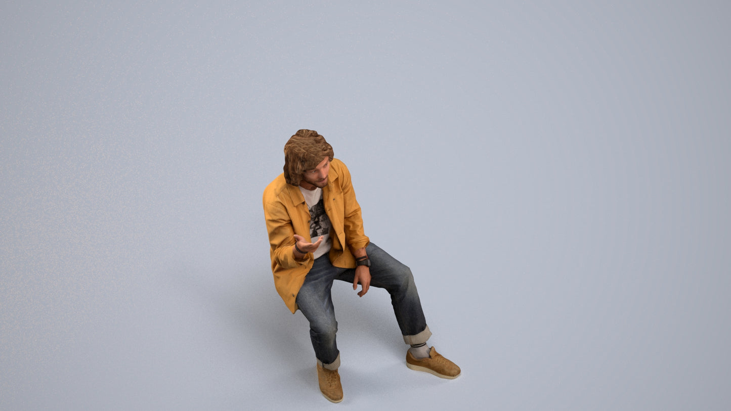 realistic 3D man casual sitting, scanned archviz people for Blender and 3ds Max, back view render