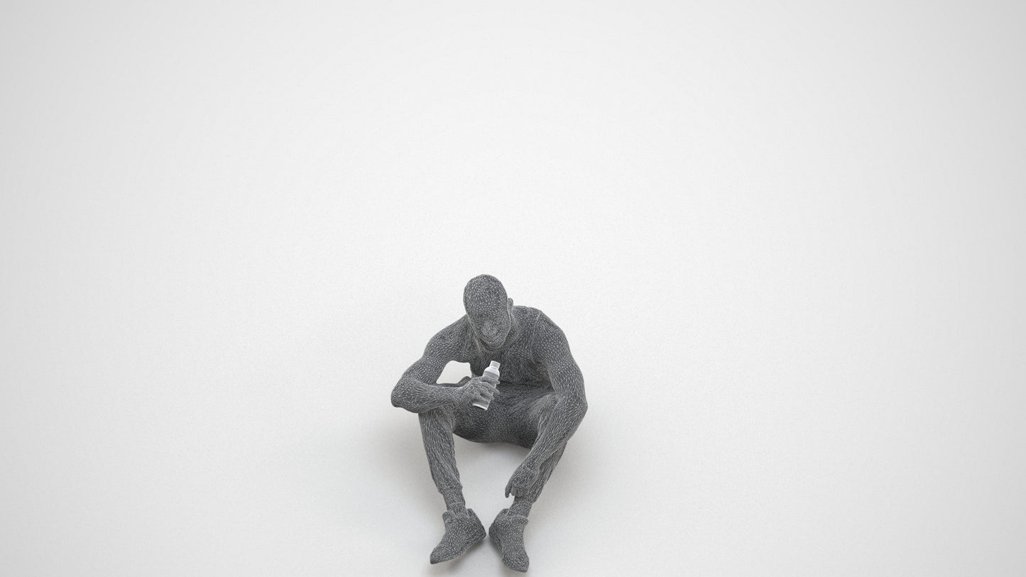 realistic 3D people man casual sitting, render-ready for V-Ray and Corona, FBX OBJ, wireframe three-quarter view
