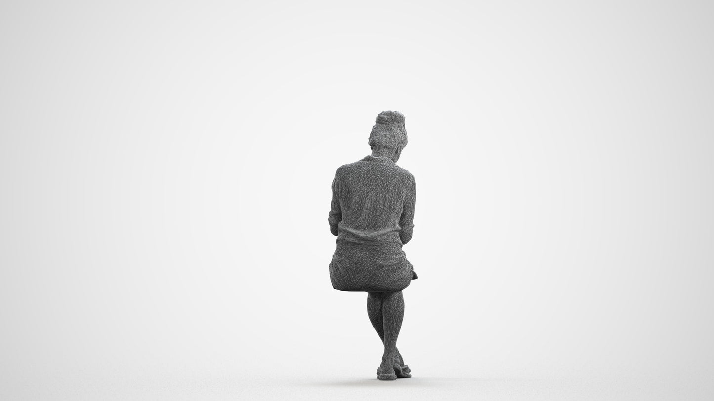3D people model woman casual sitting, scanned human for 3ds Max rendering, wireframe front view