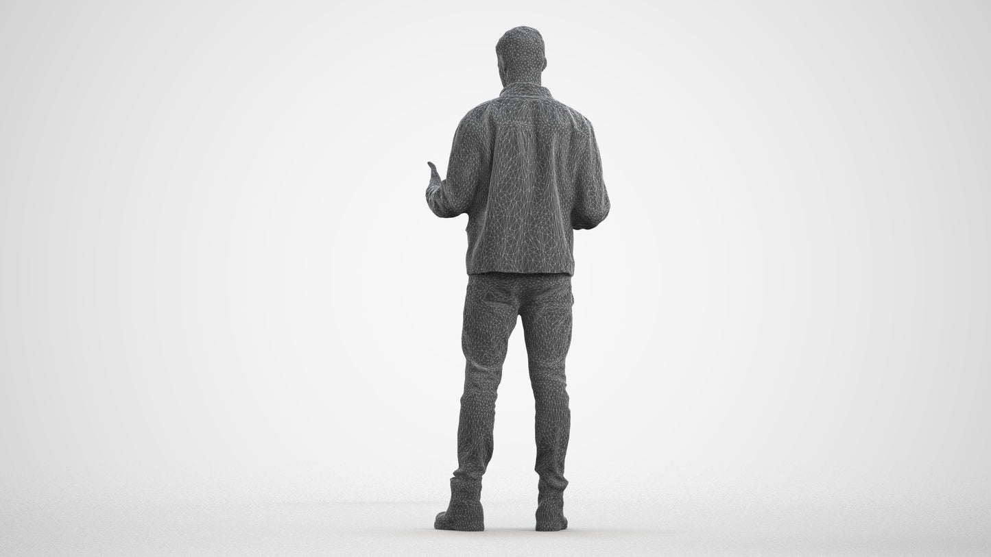 3D human model man casual standing, photogrammetry scanned person for archviz, wireframe front view