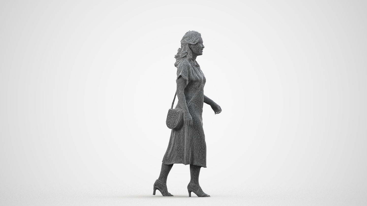 realistic 3D woman casual standing, scanned archviz people for Blender and 3ds Max, wireframe side view