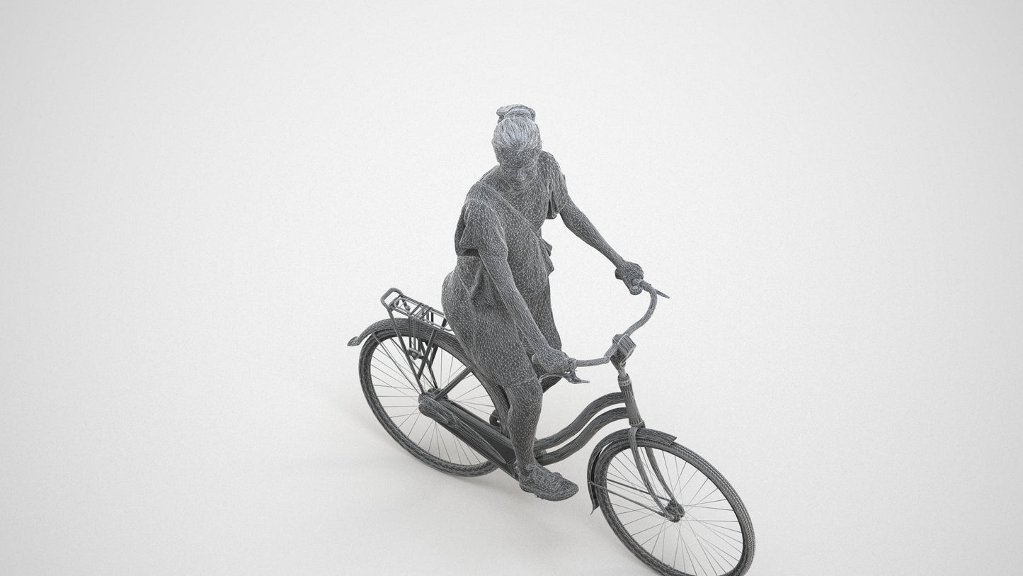 realistic 3D people woman formal cycling, render-ready for V-Ray and Corona, FBX OBJ, wireframe three-quarter view