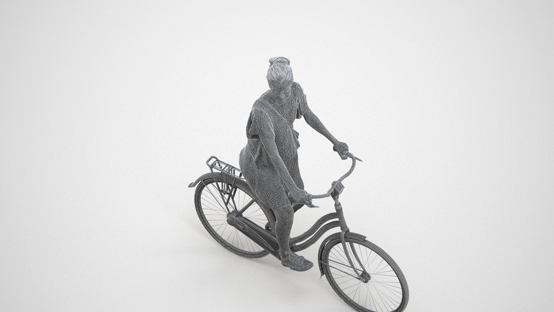 realistic 3D people woman formal cycling, render-ready for V-Ray and Corona, FBX OBJ, wireframe three-quarter view