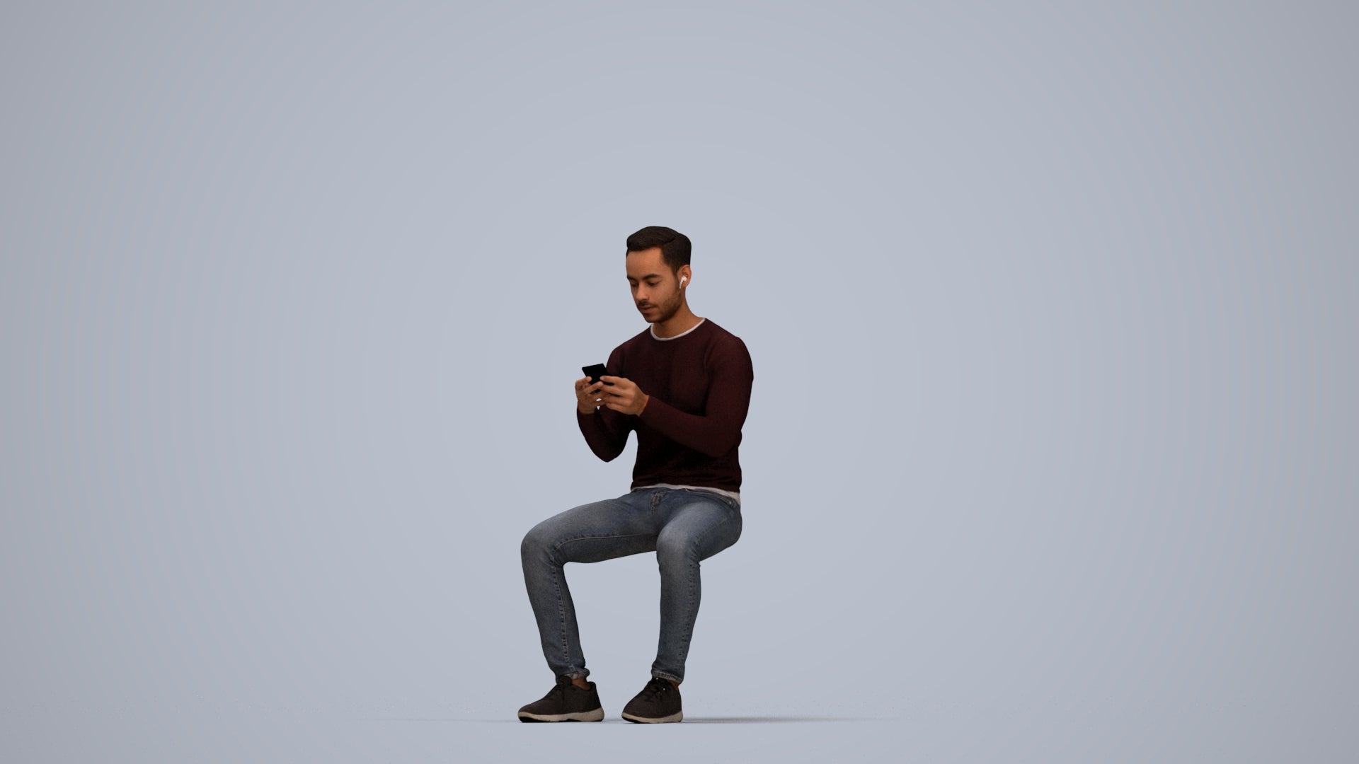 photogrammetry 3D man casual sitting, realistic human model archviz FBX, top-down view render