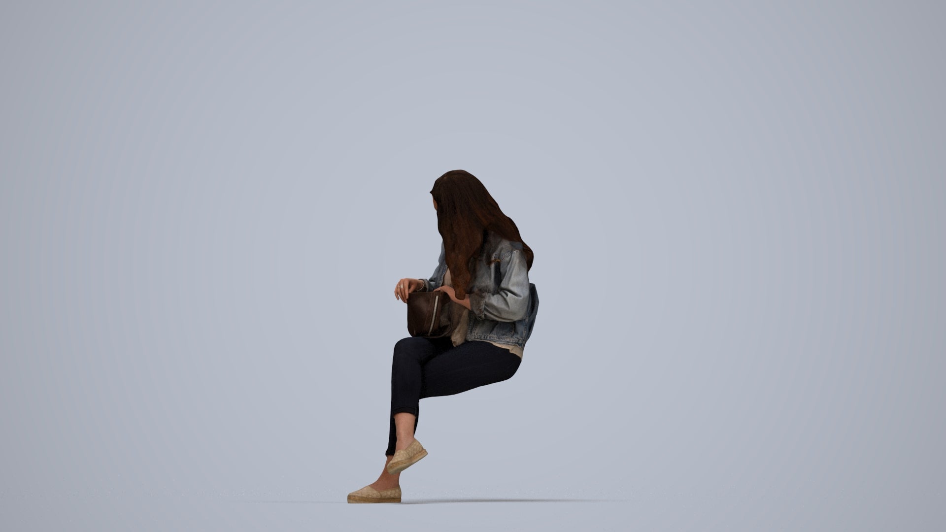 realistic 3D human woman sitting, archviz people FBX OBJ for Blender, top-down view render