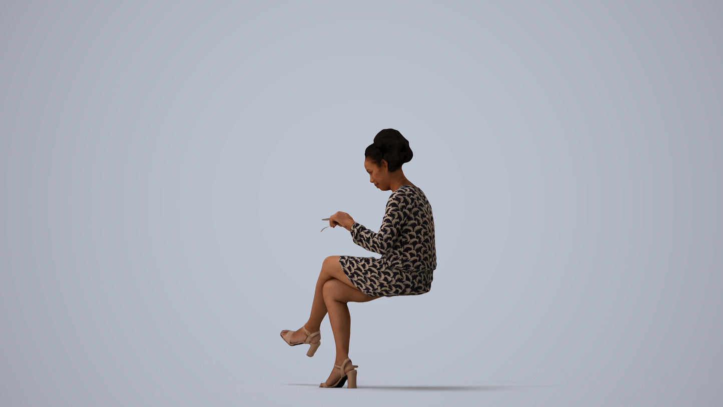 realistic 3D people woman casual sitting, render-ready for V-Ray and Corona, FBX OBJ, three-quarter view render