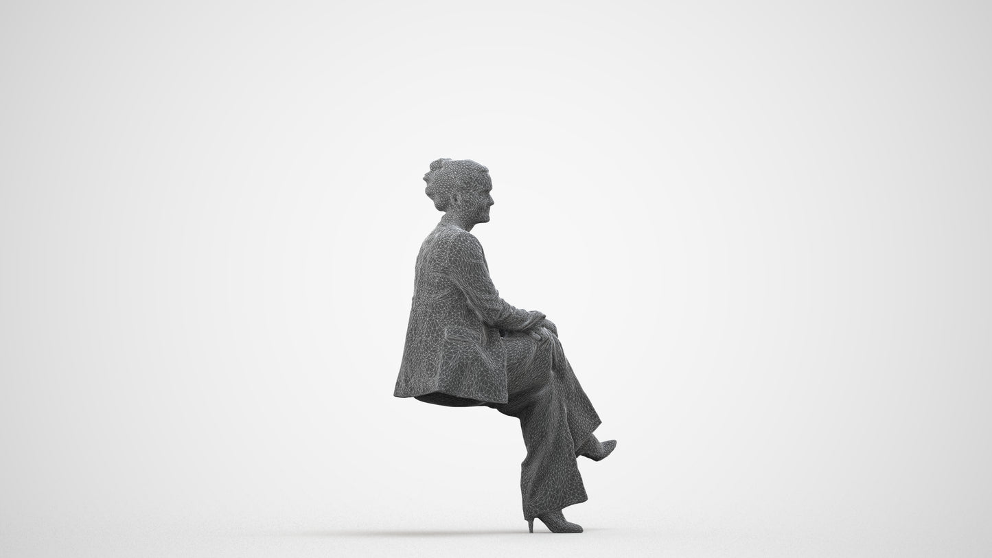 3D human model woman business sitting, photogrammetry scanned person for archviz, wireframe side view