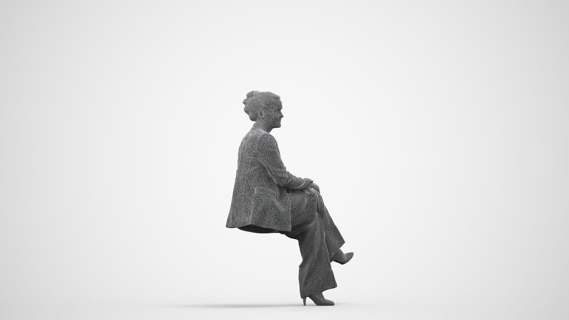 3D human model woman business sitting, photogrammetry scanned person for archviz, wireframe side view