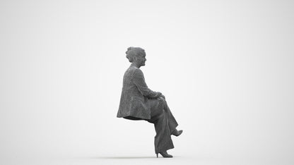 3D human model woman business sitting, photogrammetry scanned person for archviz, wireframe side view