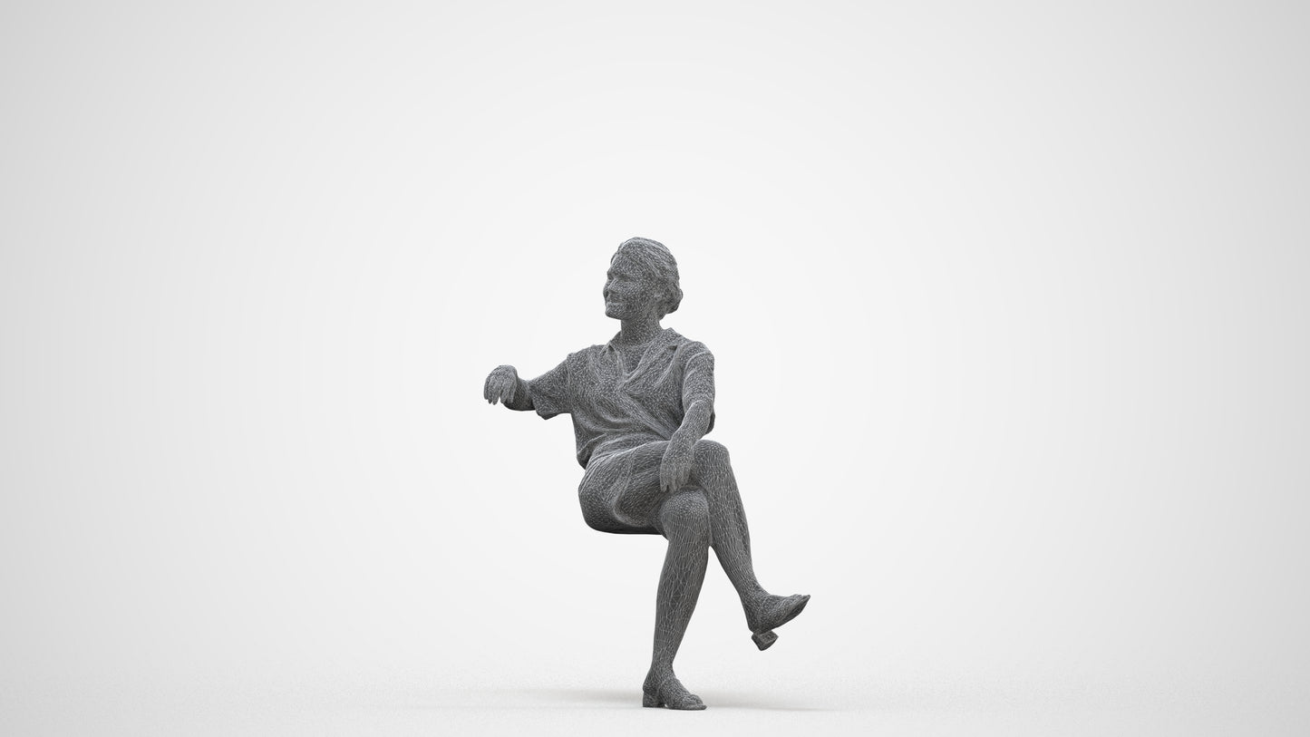 3D human model woman casual sitting, photogrammetry scanned person for archviz, three-quarter front view render