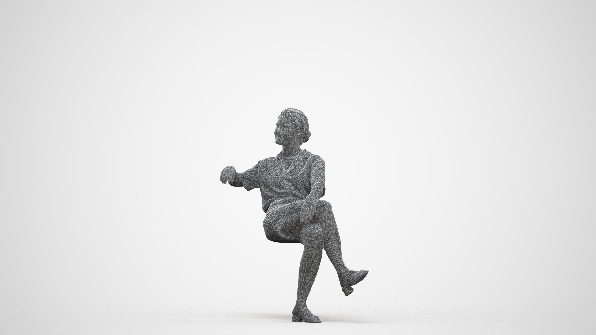 3D human model woman casual sitting, photogrammetry scanned person for archviz, three-quarter front view render
