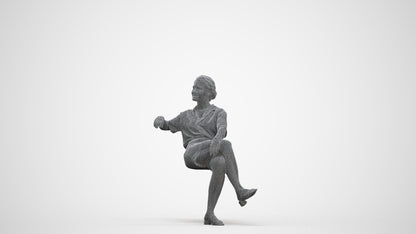 3D human model woman casual sitting, photogrammetry scanned person for archviz, three-quarter front view render