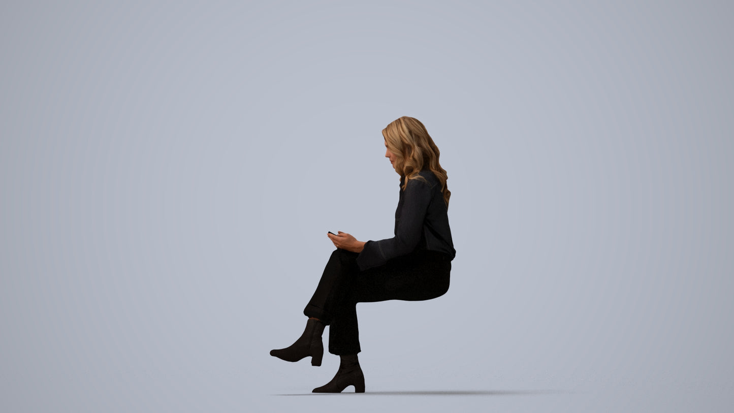 3D human model woman business sitting, photogrammetry scanned person for archviz, three-quarter view render