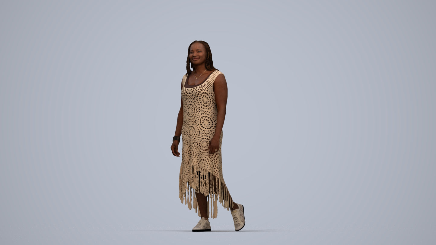 3D human model woman casual standing, photogrammetry scanned person for archviz, top-down view render