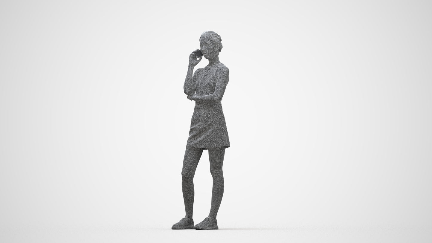 3D human model woman casual standing, photogrammetry scanned person for archviz, wireframe back view
