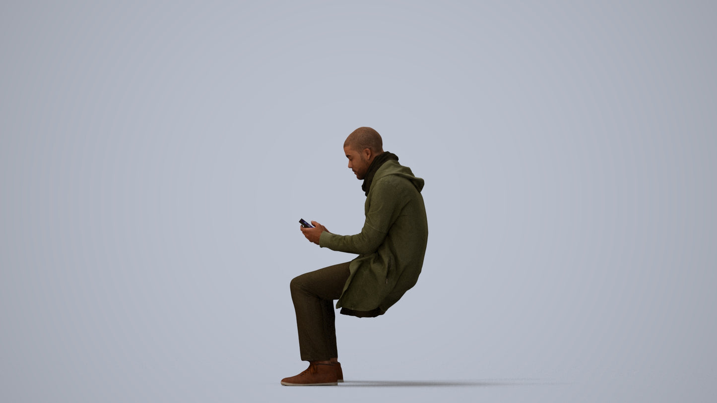 realistic 3D man casual sitting, scanned archviz people for Blender and 3ds Max, three-quarter view render
