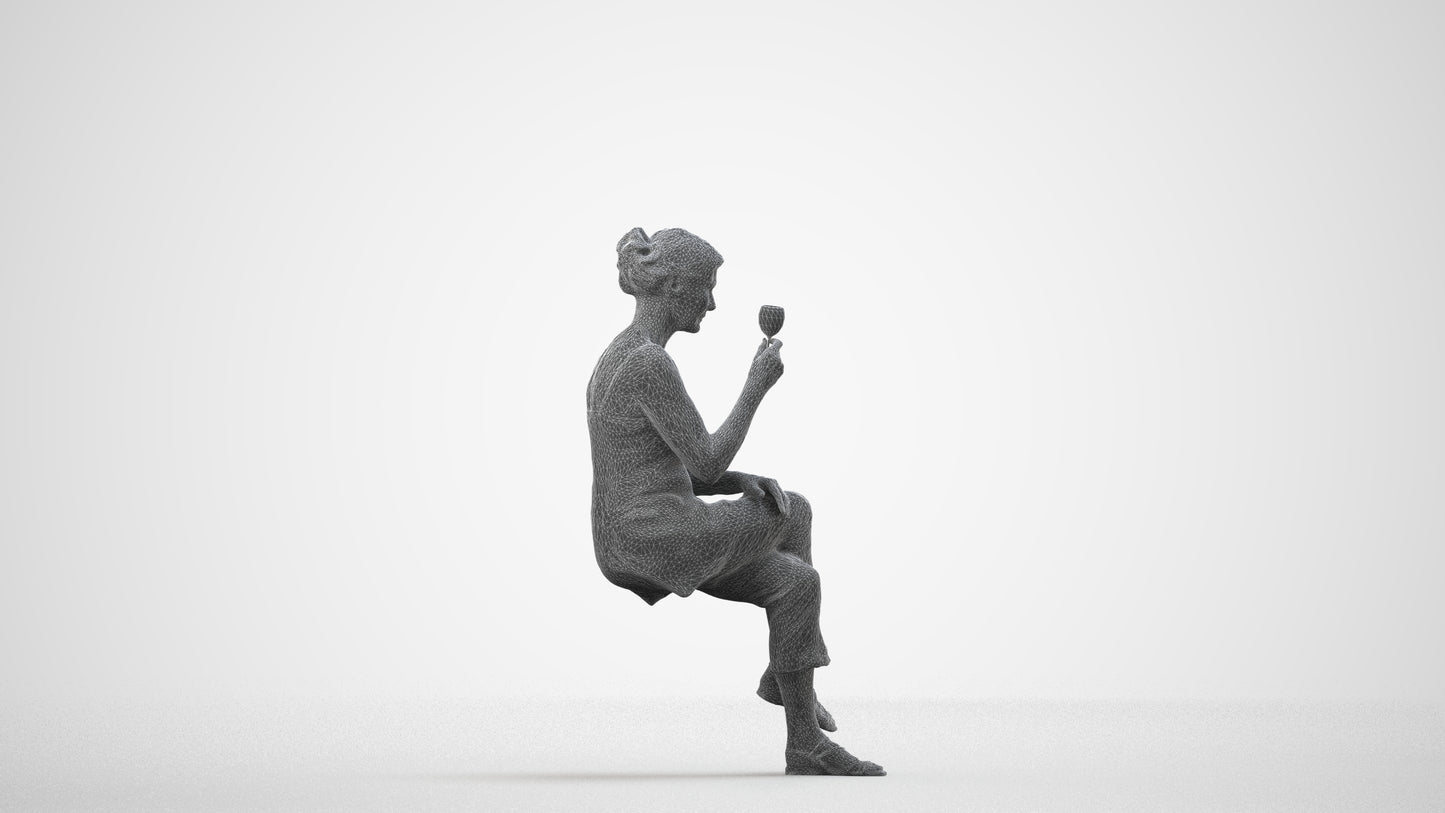 scanned 3D senior woman casual sitting, photogrammetry people for Enscape and V-Ray, wireframe side view