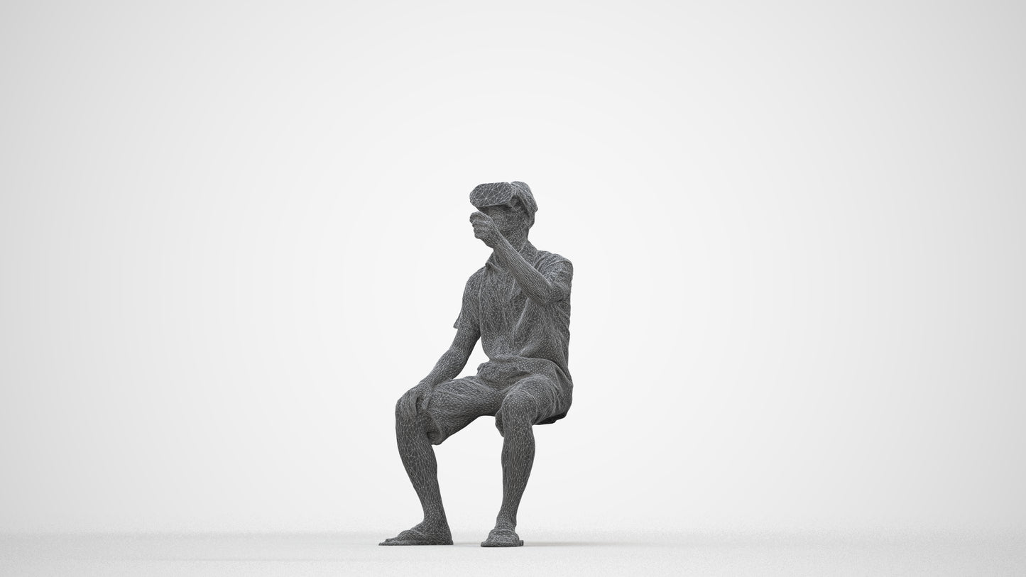 realistic 3D man casual sitting, scanned archviz people for Blender and 3ds Max, wireframe back view