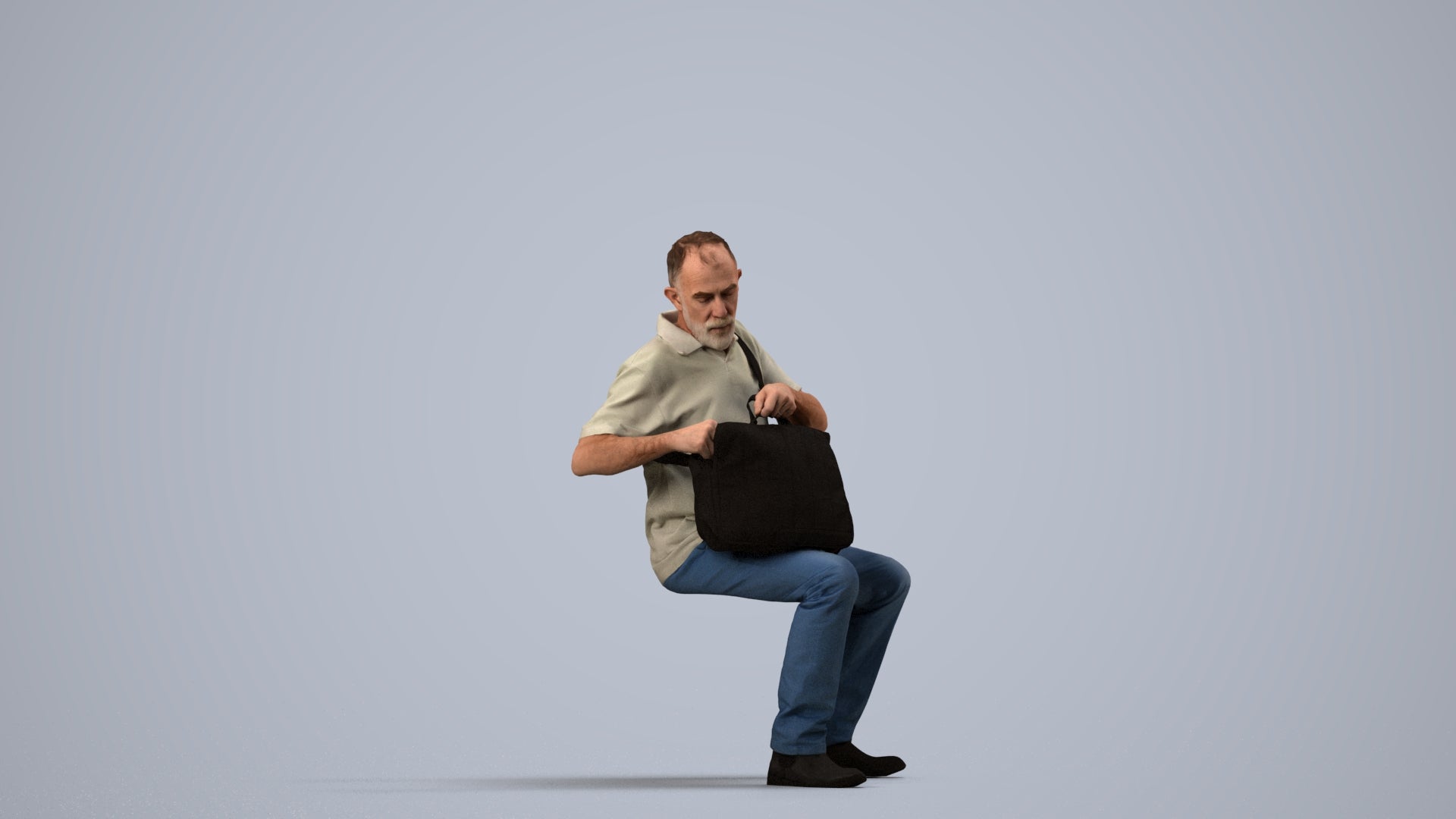 realistic 3D human senior man casual sitting, archviz people FBX OBJ for Blender, side view render