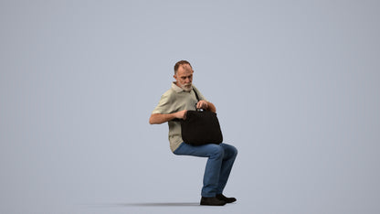 realistic 3D human senior man casual sitting, archviz people FBX OBJ for Blender, side view render