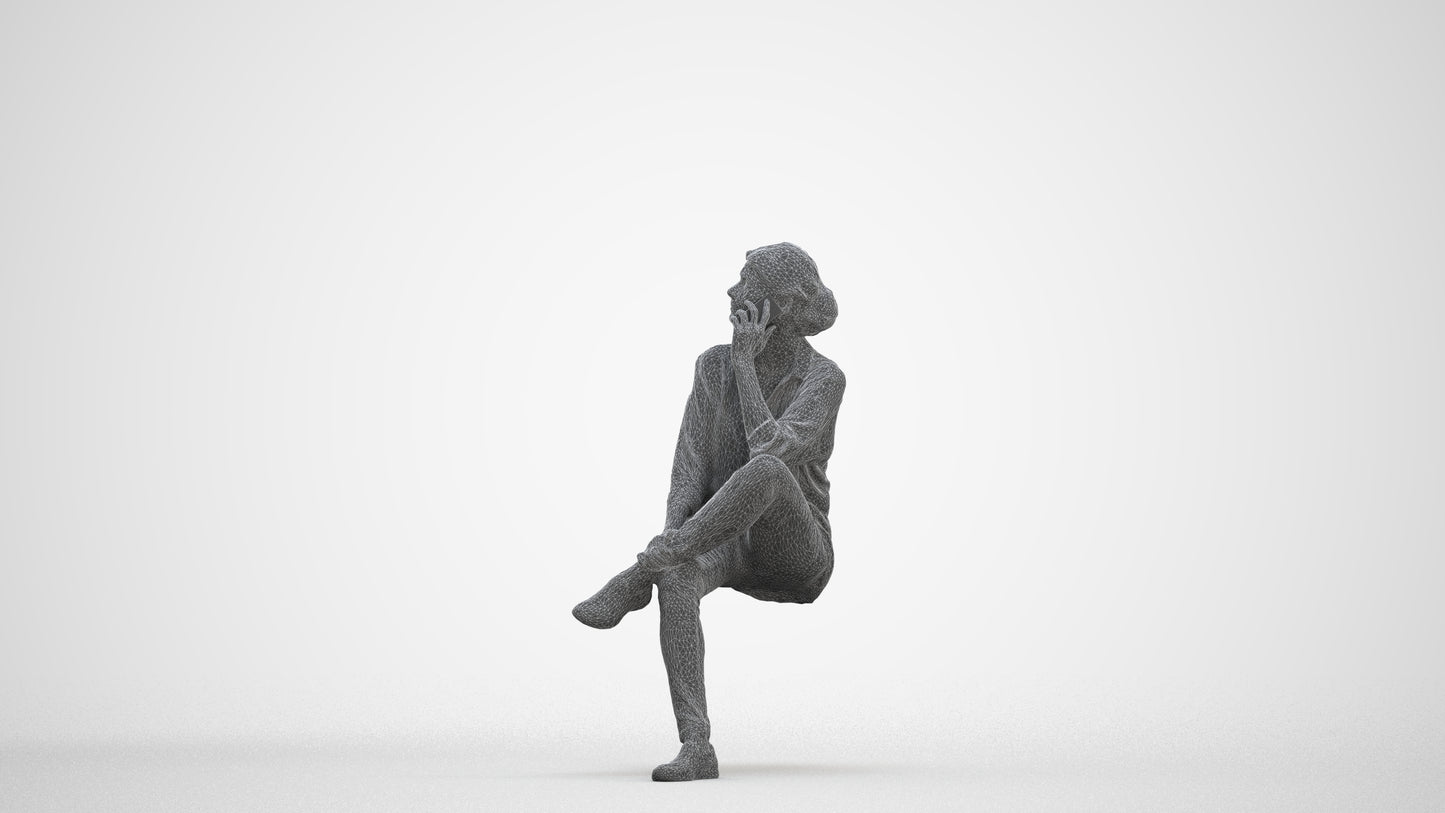 scanned 3D woman casual sitting, photogrammetry people for Enscape and V-Ray, three-quarter front view render