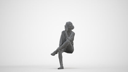 scanned 3D woman casual sitting, photogrammetry people for Enscape and V-Ray, three-quarter front view render