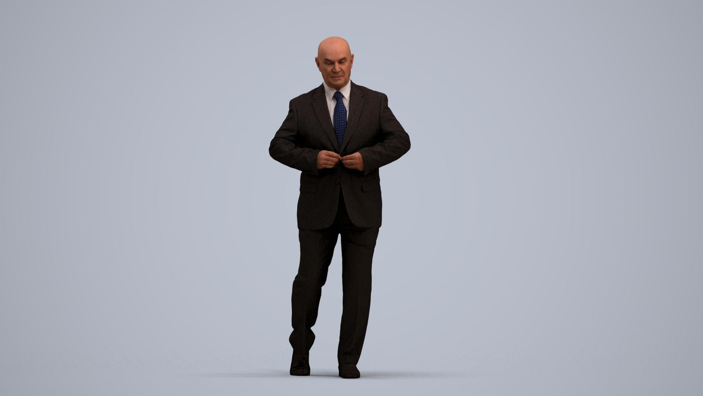 3D human model senior man business mix, photogrammetry scanned person for archviz, standing pose render