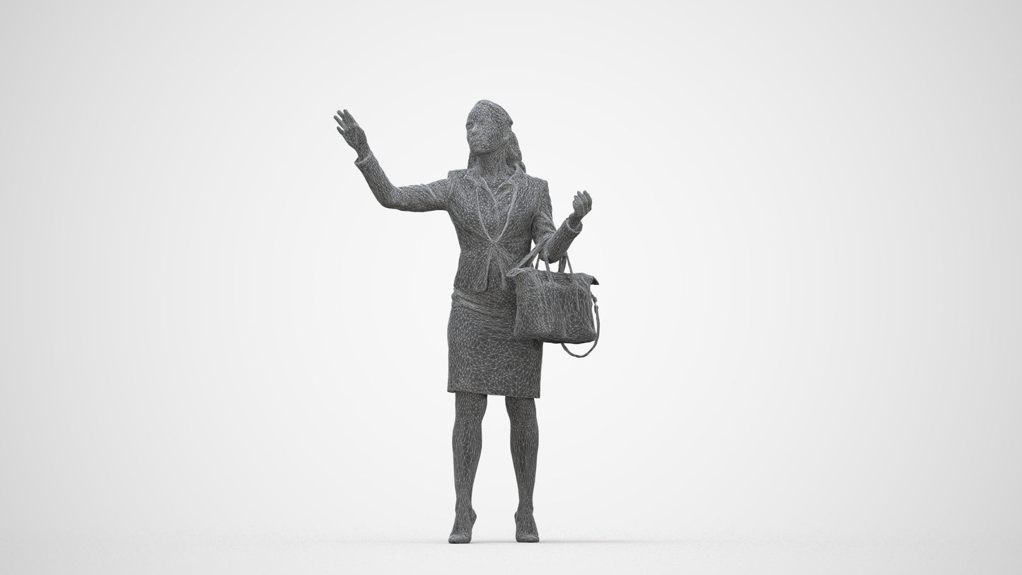 3D human model woman business standing, photogrammetry scanned person for archviz, wireframe back view