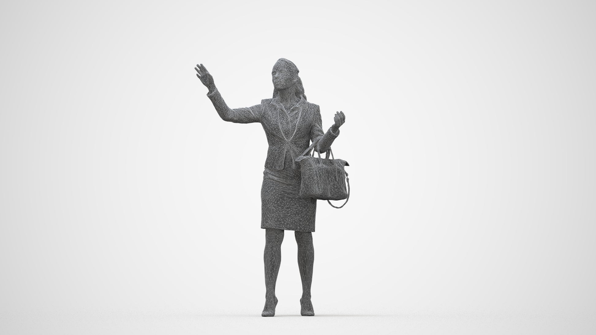 3D human model woman business standing, photogrammetry scanned person for archviz, wireframe back view