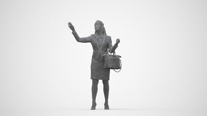 3D human model woman business standing, photogrammetry scanned person for archviz, wireframe back view