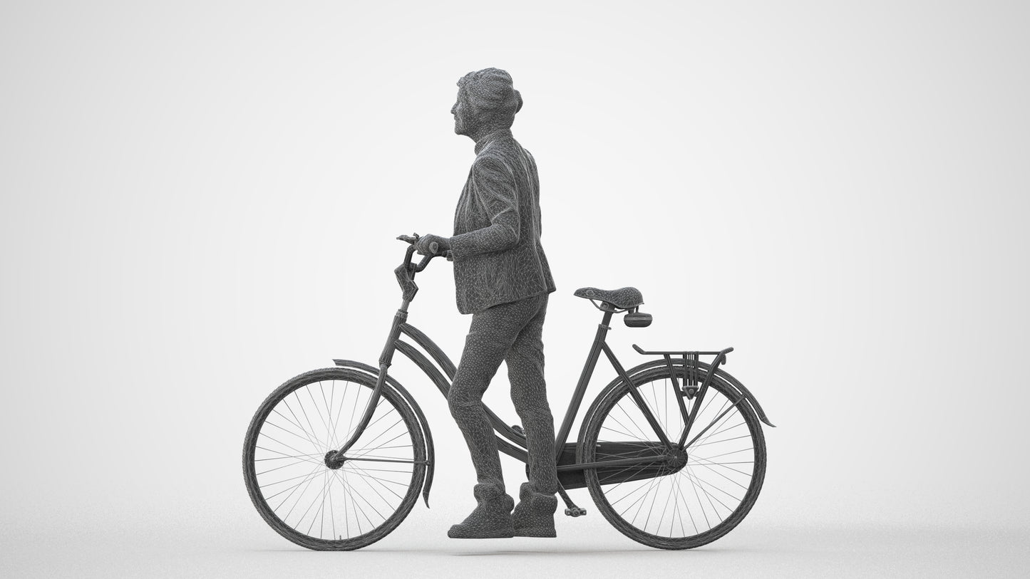 3D human model senior woman business cycling, photogrammetry scanned person for archviz, square thumbnail