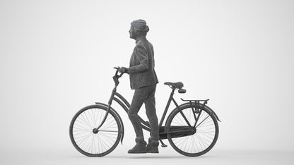 3D human model senior woman business cycling, photogrammetry scanned person for archviz, square thumbnail