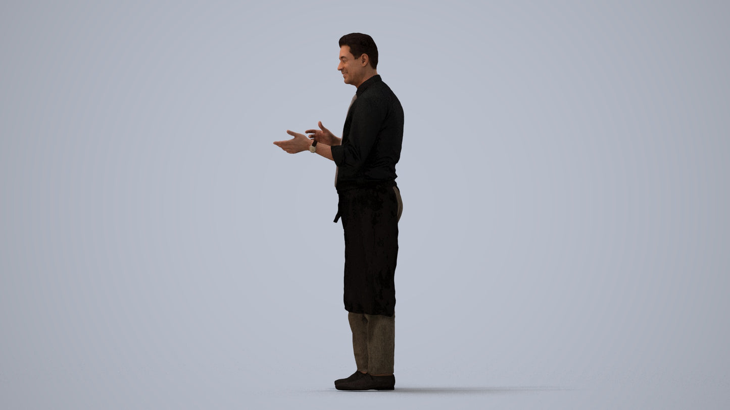 3D people model man hospitality, scanned human for 3ds Max rendering, three-quarter view render
