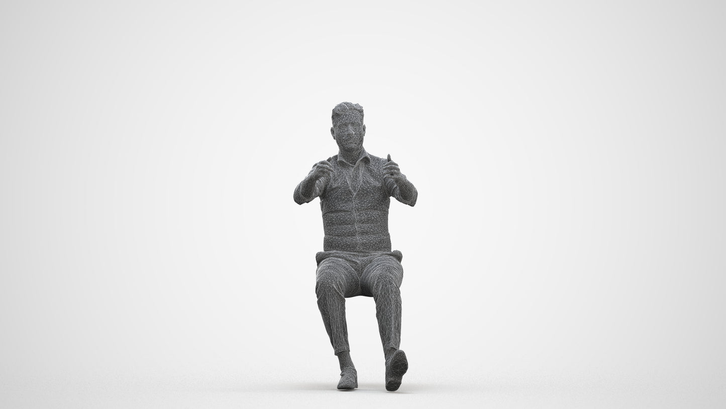 3D human model man casual driving, photogrammetry scanned person for archviz, three-quarter front view render