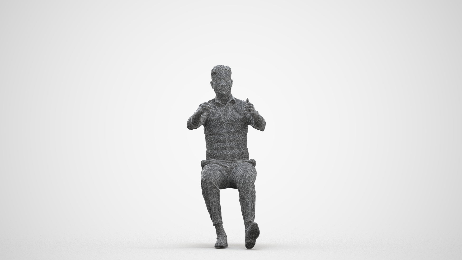 3D human model man casual driving, photogrammetry scanned person for archviz, three-quarter front view render