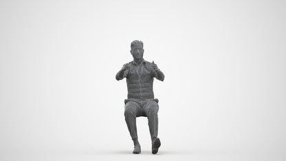 3D human model man casual driving, photogrammetry scanned person for archviz, three-quarter front view render