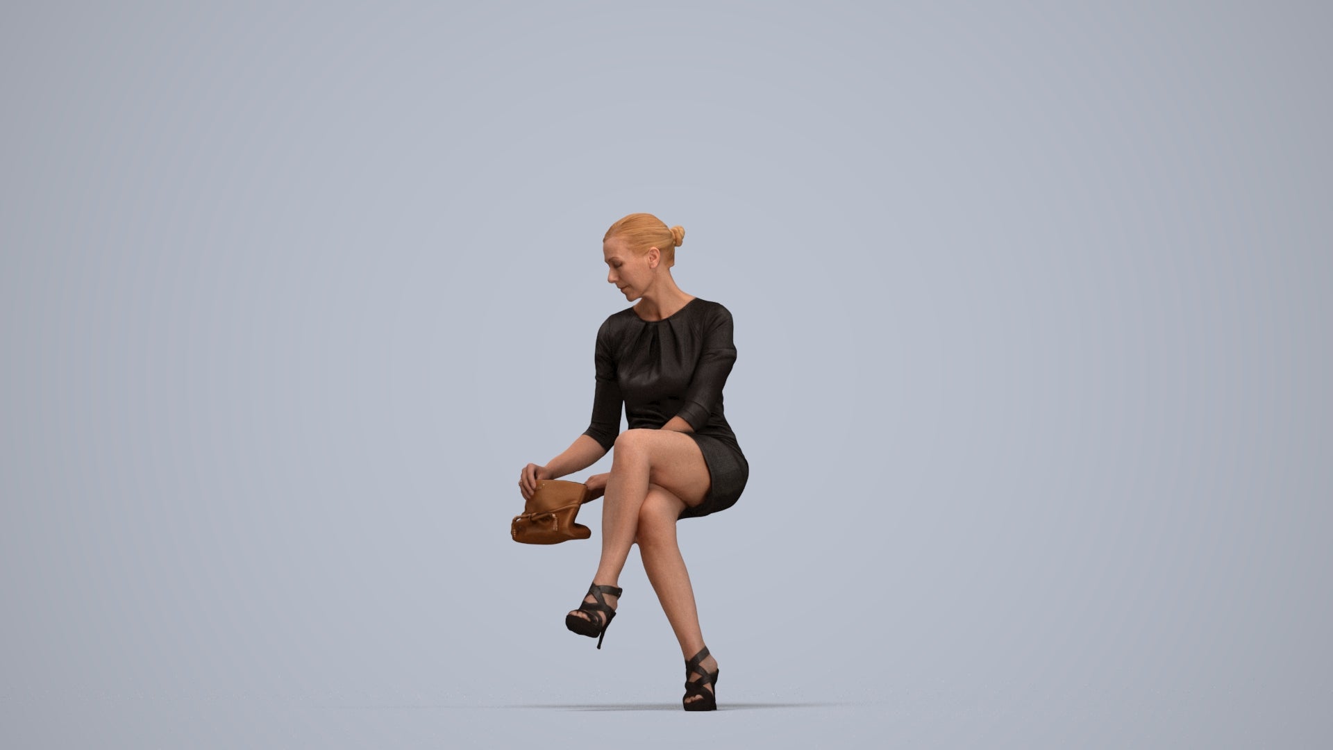 photogrammetry 3D woman business sitting, realistic human model archviz FBX, top-down view render