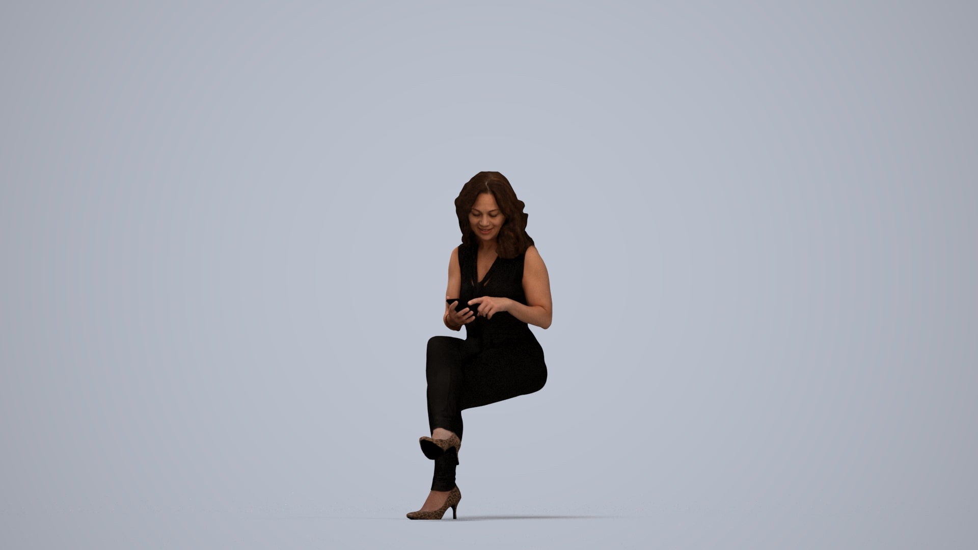 photogrammetry 3D woman casual sitting, realistic human model archviz FBX, top-down view render