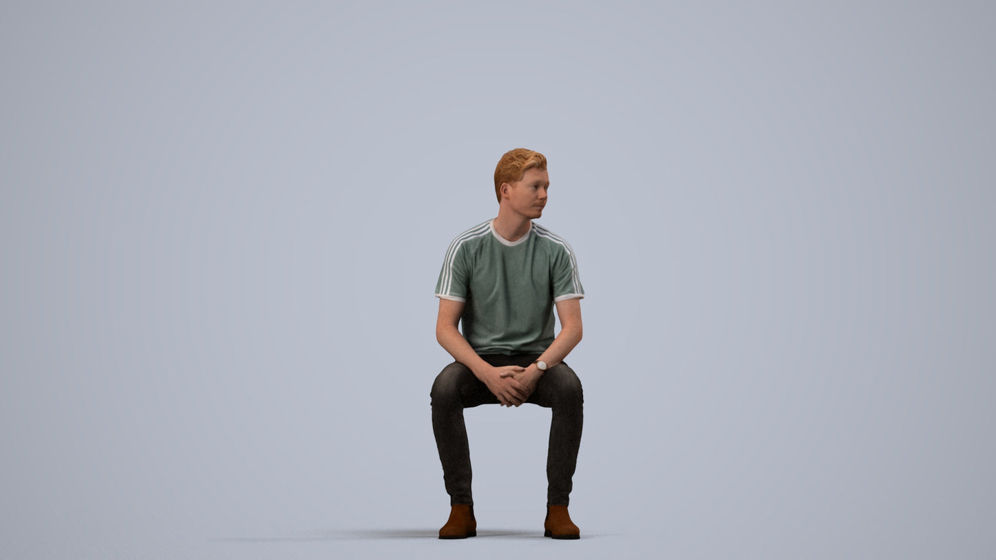 realistic 3D human man casual sitting, archviz people FBX OBJ for Blender, side view render