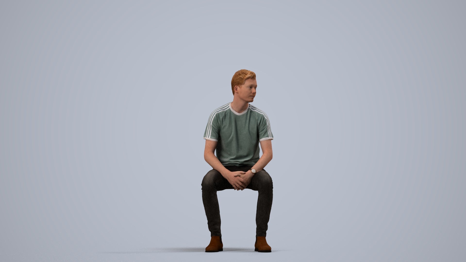 realistic 3D human man casual sitting, archviz people FBX OBJ for Blender, side view render