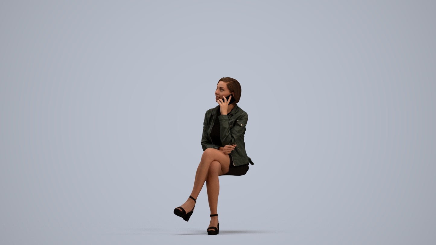 3D human model woman casual sitting, photogrammetry scanned person for archviz, standing pose render