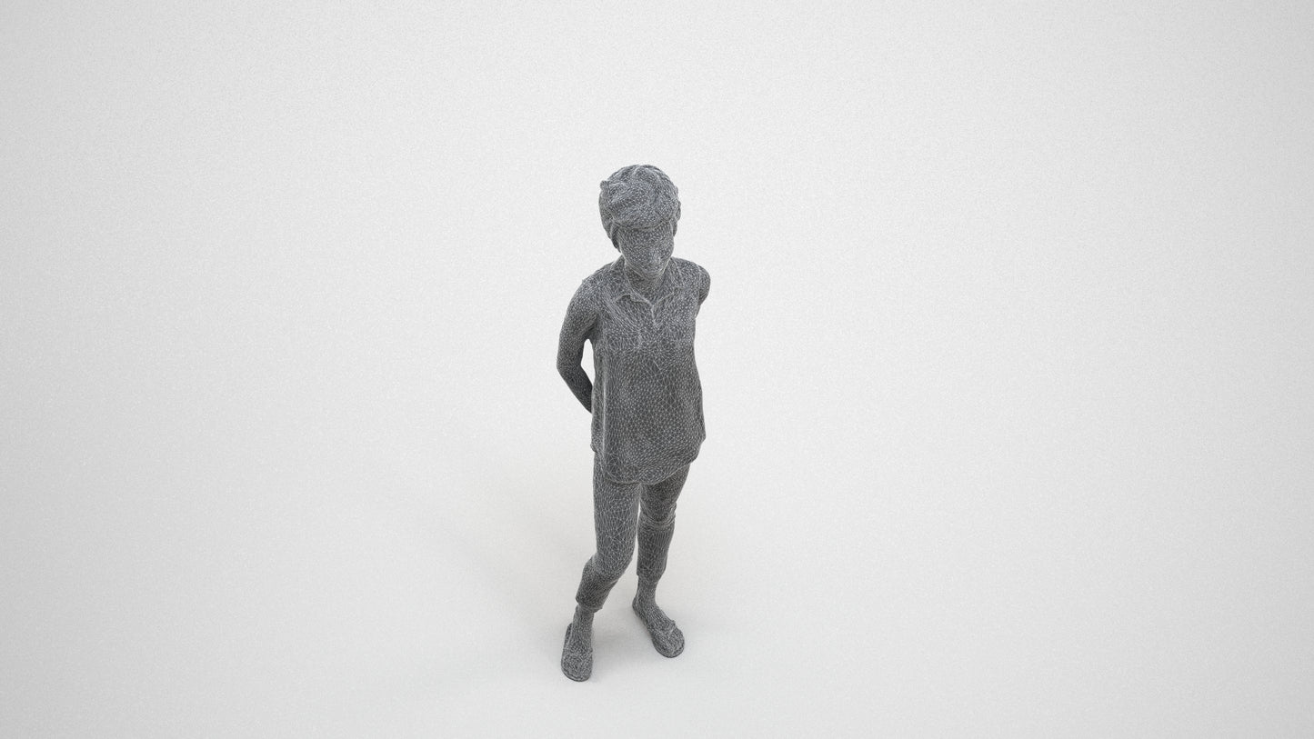 3D human model woman casual standing, photogrammetry scanned person for archviz, wireframe three-quarter view